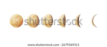 Crescent moon phases at sky. Realistic yellow vector sequence illustrations showing the moon from new, waning and waxing, to full moon. Rising and old moon. Lunar celestial astronomical cycle