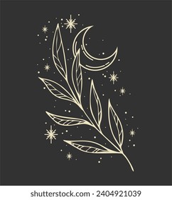 Luna creciente y vector dibujado a mano en planta. Boho clipart con floral, celestial.