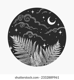 Crescent moon with plants and stars. Hand drawn astrological symbol for printing on t-shirts and bags, decor element. Circle poster. Mystical and magical, astrological vector illustration
