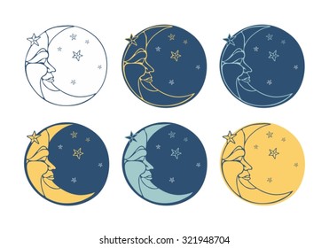 Crescent moon in profile with stars. Moon, crescent. Moon with a face. Illustration of the moon. Crescent and stars on a white background 1.1