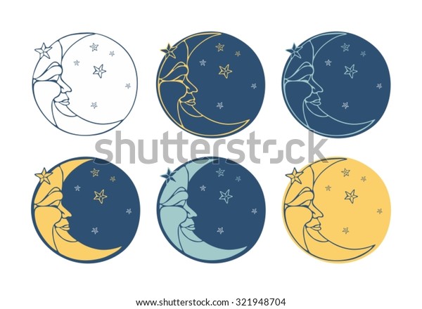 星が三日月の輪郭を描いている 月 三日月 顔を持つ月 月のイラスト 白い背景に三日月と星1 1 のベクター画像素材 ロイヤリティフリー