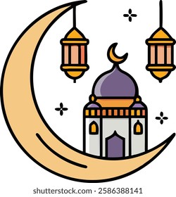 Crescent moon with purple mosque and lanterns symbolizing Ramadan and spirituality.