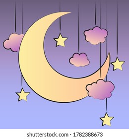 Crescent moon in the purple sky. Retro illustration in comic style with moon, clouds and stars. Illustration of a natural phenomenon. Beautiful night sky.