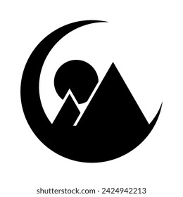 Crescent moon with pyramids and sun icon. Ramadan arabic islamic celebration icon. Vector illustration isolated on white background.
