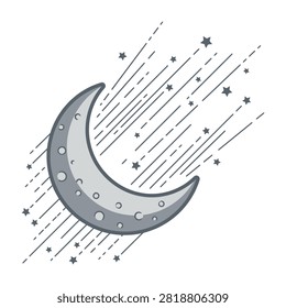A crescent moon with rain and stars, symbolizing a magical night sky, lunar phase