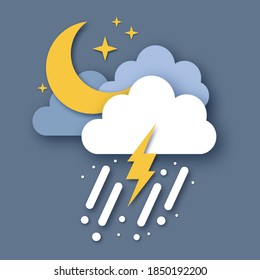 Crescent moon with Raincloud and Lightening Bolt. Paper cut Weather. Storm time. Rain drops in the dark sky, stars and thunder.