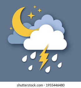 Crescent moon with Raincloud and Lightening Bolt. Paper cut Weather. Storm time. Rain drops in the dark sky, stars and thunder.