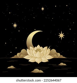 Crescent moon raising with lotus blooming flower