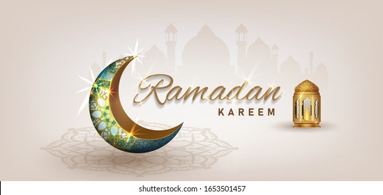 crescent moon ramadan kareem with golden luxurious crescen,template islamic ornate greeting card vector.