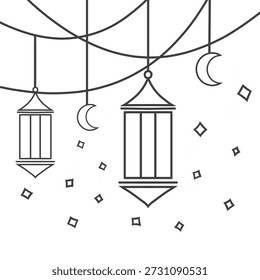 lua crescente e lanterna ramadã ramadã linha arte fundo