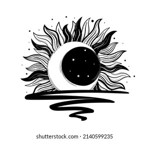 Crescent Moon With Rays And Stars Reflected In Water, Mystical Icon, Magical Boho Tattoo, Vector Hand Drawn Illustration. Symbol For Tarot, Astrology, Horoscope. Sticker Isolated On White Background.
