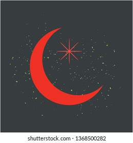 Crescent moon in red on black backgrround. vector.