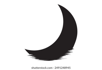 Crescent moon reflected on water surface, black and white, simple, tranquil.