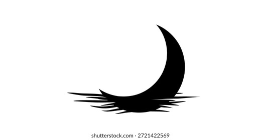 Crescent moon reflected on water surface, black and white, simple, tranquil. Crescent icon.