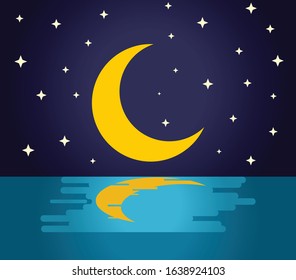 Crescent moon reflects on sea at night