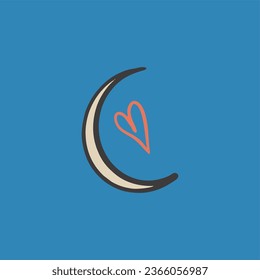 Crescent moon, retro poster in boho style. Flat vector illustration, hand drawn cartoon.