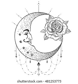 Crescent moon, rose flower, sacred geometry. Blackwork tattoo flash.Vector illustration isolated. Tattoo design, mystic symbol. New school dotwork. Boho design. Print, posters, t-shirt, textiles