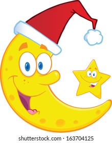 Crescent Moon With Santa Hat And Christmas Star Cartoon Characters. Vector Illustration Isolated on white