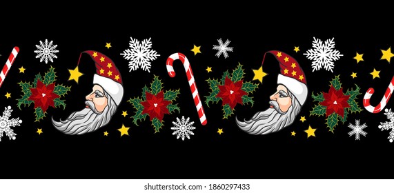 
Crescent Moon Santa, poinsettia, candy cane and snowflakes on a black background. Vector seamless pattern. Designer ribbon. Christmas decor.
