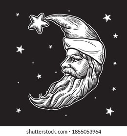 
Crescent Moon Santa. Vector vintage drawing. Monochrome image in engraving style. Good Night and Merry Christmas Moon Design.
