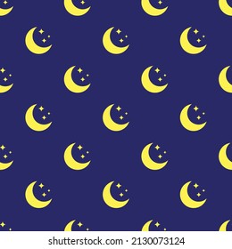 Crescent Moon Seamless Pattern On Dark Blue Sky. Starry Night Icon Background. Sickle-shaped. Simple Cartoon Vector Illustration For Boys Bedroom Wallpaper, Pajamas Pattern, Bedsheet, Blanket, Etc.