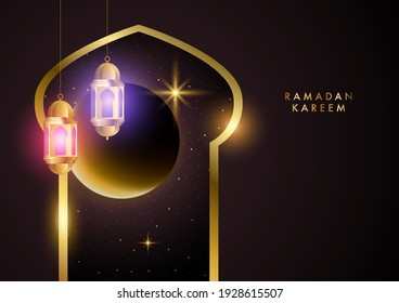 Crescent moon seen through from mosque window decorated with colorful lanterns
