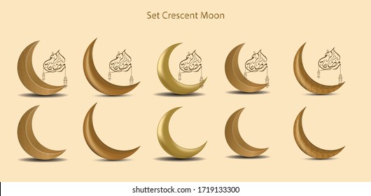 Crescent moon set 3d vector. Islamic symbol crescent moon with calligraphy