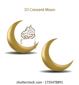 Crescent moon set 3d vector. Islamic symbol crescent moon with calligraphy