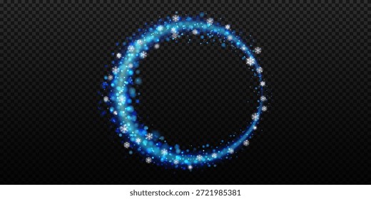 Crescent moon shape created from blue particles with glitter glow. Celestial overlay with sparkling stardust and magical bokeh effects. Stock vector illustration in night sky style.
