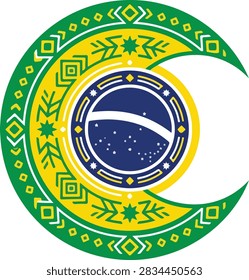 Crescent moon shape decorated with traditional national patterns and colors decorative moon green yellow blue celestial graphic icon illustration white background