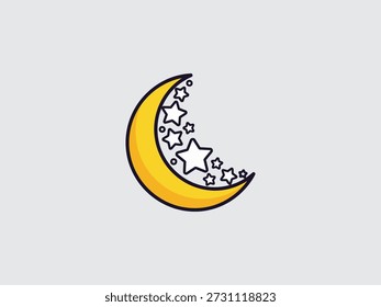 Forma de lua crescente com estrelas dentro de amarelo