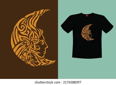 Crescent moon in the shape of a woman's face, Traditional tribal culture patterned art in t-shirt design.