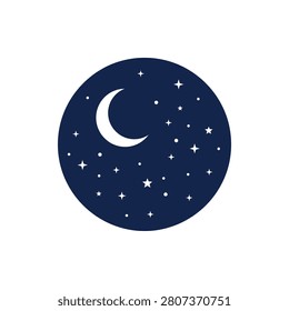 A crescent moon shines brightly in a dark blue night sky filled with numerous stars.