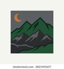 A crescent moon shines over dark stylized mountain peaks at night