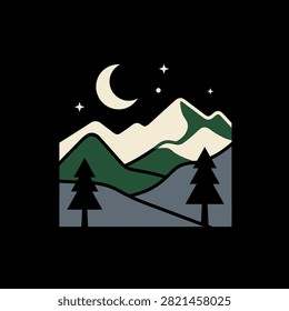 A crescent moon shines over stylized mountain peaks at night