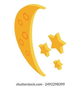 Crescent moon is shining with bright yellow stars in an isometric illustration