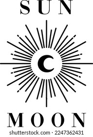 Crescent Moon and shinning sun vector Art Print, Abstract Moon and sun, Wall Art Minimal Modern Celestial Art Sun And Moon Poster Sunburst Wall Print