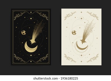 Crescent moon with shooting star card, with engraving luxury vector illustration style