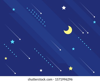 Crescent moon and shooting stars on blue background.