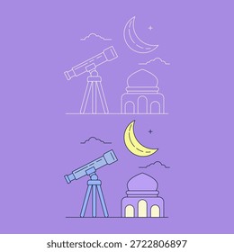 Crescent moon sighting illustration featuring a telescope, a mosque, and a crescent moon. Determination of the beginning of the month of Ramadan. Hilal. Illustration with two different styles. Vector illustration.