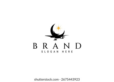 Halbmond Silhouette Logo mit schwimmendem Blick auf Wasser mit Sternen im flachen Vektordesign Stil dekoriert