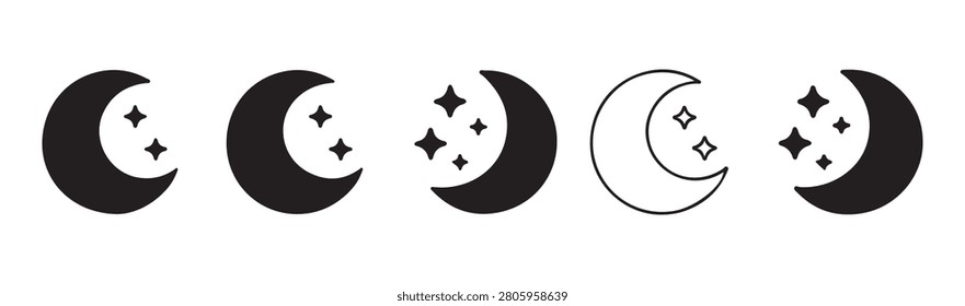 Crescent moon silhouettes with different star arrangements for nocturnal sky illustration and celestial design work.