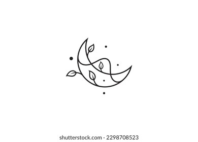 crescent moon simple logo template with plant combination