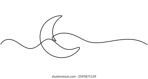 crescent moon single continuous line illustration design, Moon continuous one line art icon. Hand drawn black moon isolated on white background. Hands drawing graphic element crescent. Draw symbol.