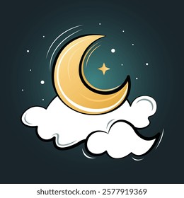 Crescent moon sit on white cloud cute icon weather, Stars isolated on night sky background, Lunar, Dream, Lullaby, Astrology sign, Moon icon. Vector illustration