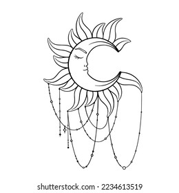 Crescent moon sketch. Bohemian tarot symbol of moon for astrology and horoscopes. Vector illustration isolated in white background