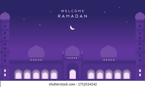 Crescent moon in the sky appears above the mosque at night, entering the month of Ramadan. Front view.
Background about welcome to ramadan for background, banner, poster, flyer, illustration, brochur.