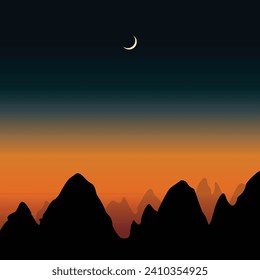Crescent moon sky on dark blue dusk in the evening with sunset and beautiful sunlight on dark cloud
