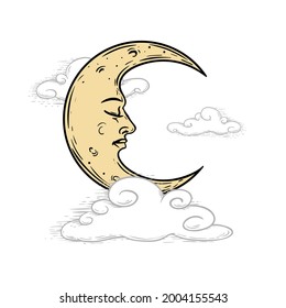 The Crescent Moon with sleeping face among the clouds. Mystical heaven hand drawn illustration. Sketch style. Astrology and witchcraft symbol. Engrave vintage stylized. Vector drawing.