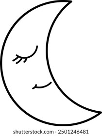 Crescent moon with a sleeping face line art illustration